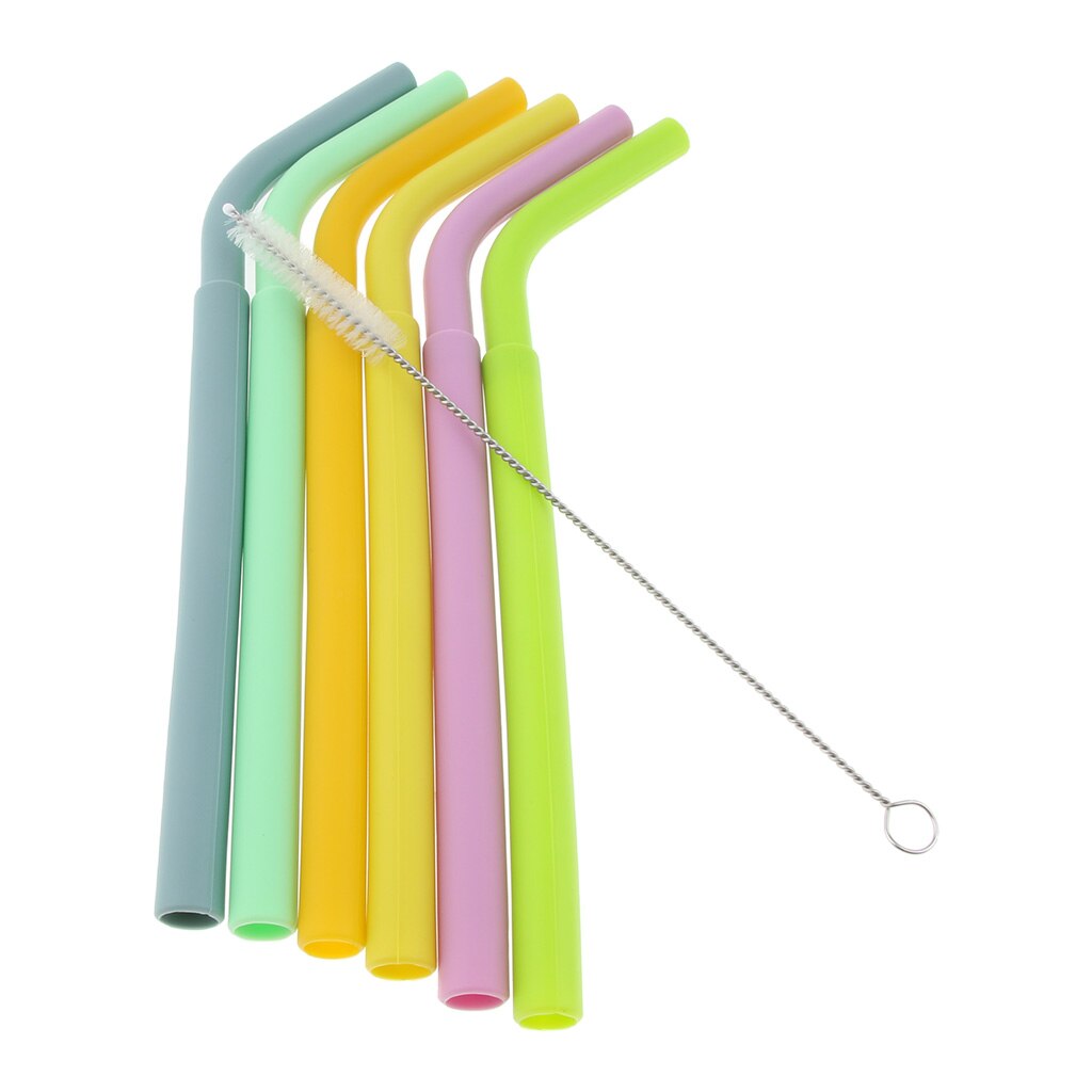 6x BPA Free Silicone Flexible Reusable Straight Bendy Drinking Straws + Cleaning Brush Set