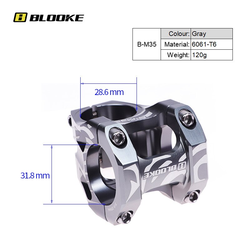 BLOOKE MTB Stem 35mm 0 Degree For Bicycle Handlebar 31.8mm 28.6mm Steerer XC DH AM FR Enduro Downhill Mountain Bike Parts: Gray