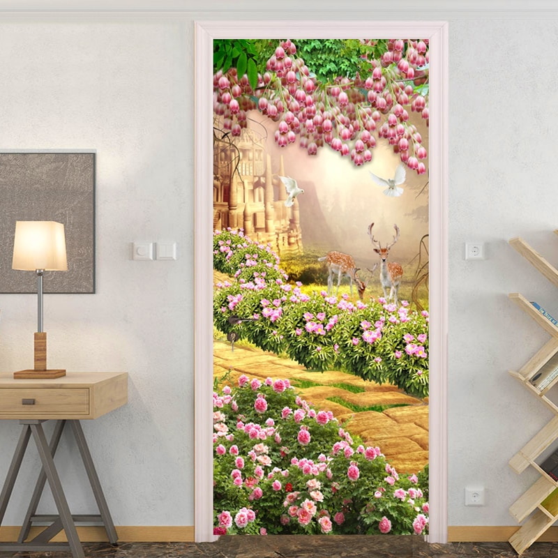 Self-Adhesive Wallpaper 3D Tulip Flowers Forest Landscape Animal Door Sticker Living Room Bedroom Waterproof Door Decal Stickers