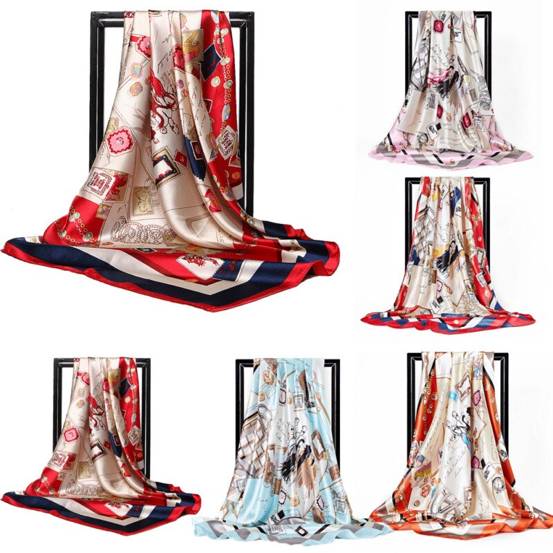 Women's Ladies Square Satin Scarf Head Neck Shawl Wrap Scarves Silk Printed Neckerchief Pashmina