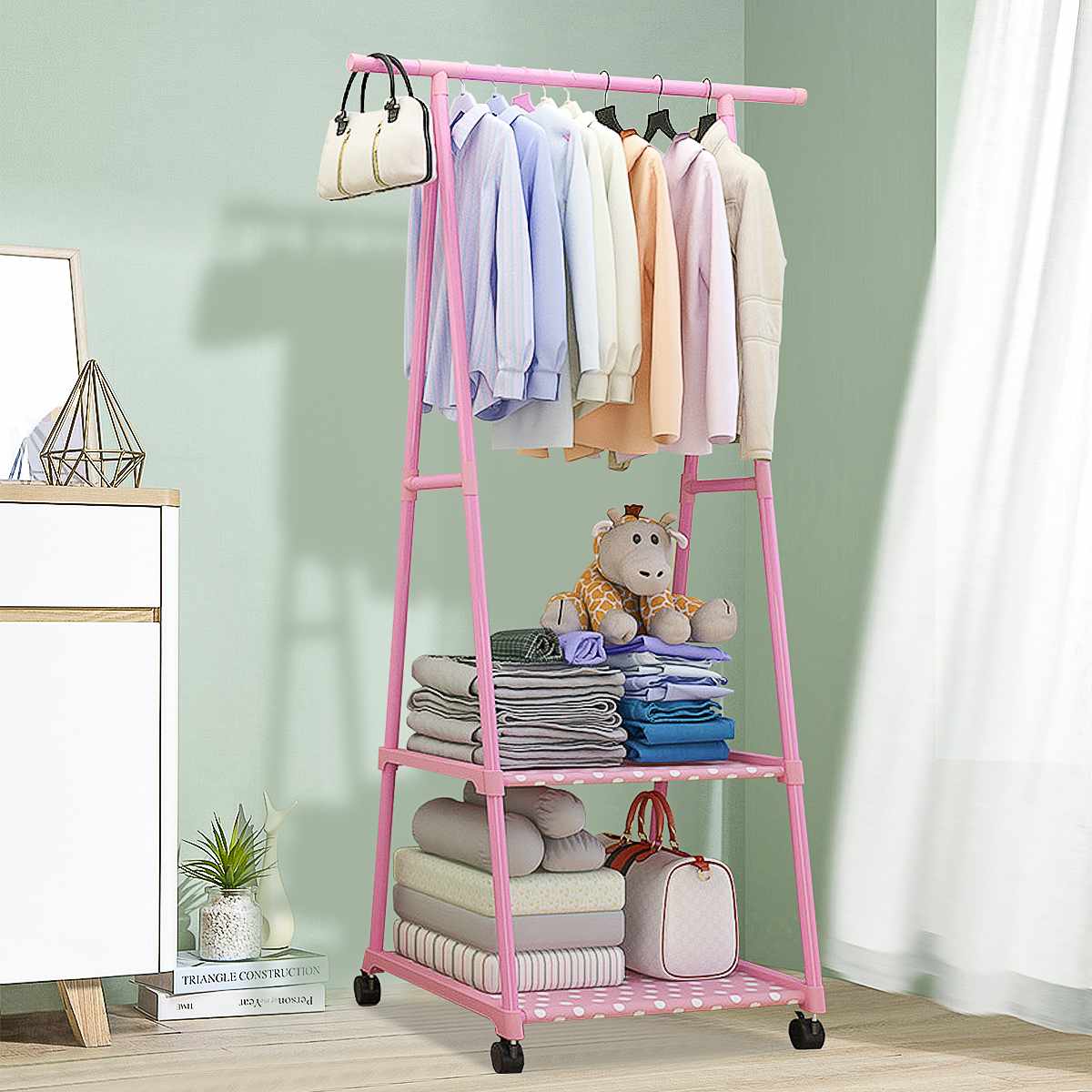 Removable Bedroom Hanging Clothes Rack with Wheels Floor Standing Coat Rack Multi-function Modern Triangle Coat Wardrobe Hanger: Pink