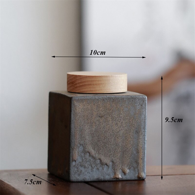 Ceramic Handmade Tea Caddy Coarse Pottery Geometric Sealed Storage Jar with Wood Cover Food Container Tea Ceremony: B