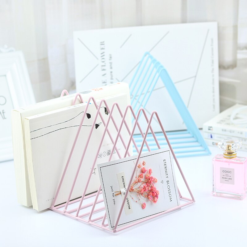 1 Pc Nordic Metal Bookends Shelf Holder Triangle 9 Grid Wrought Iron Desktop Storage Rack Bookshelf File Magazine Rack Organizer
