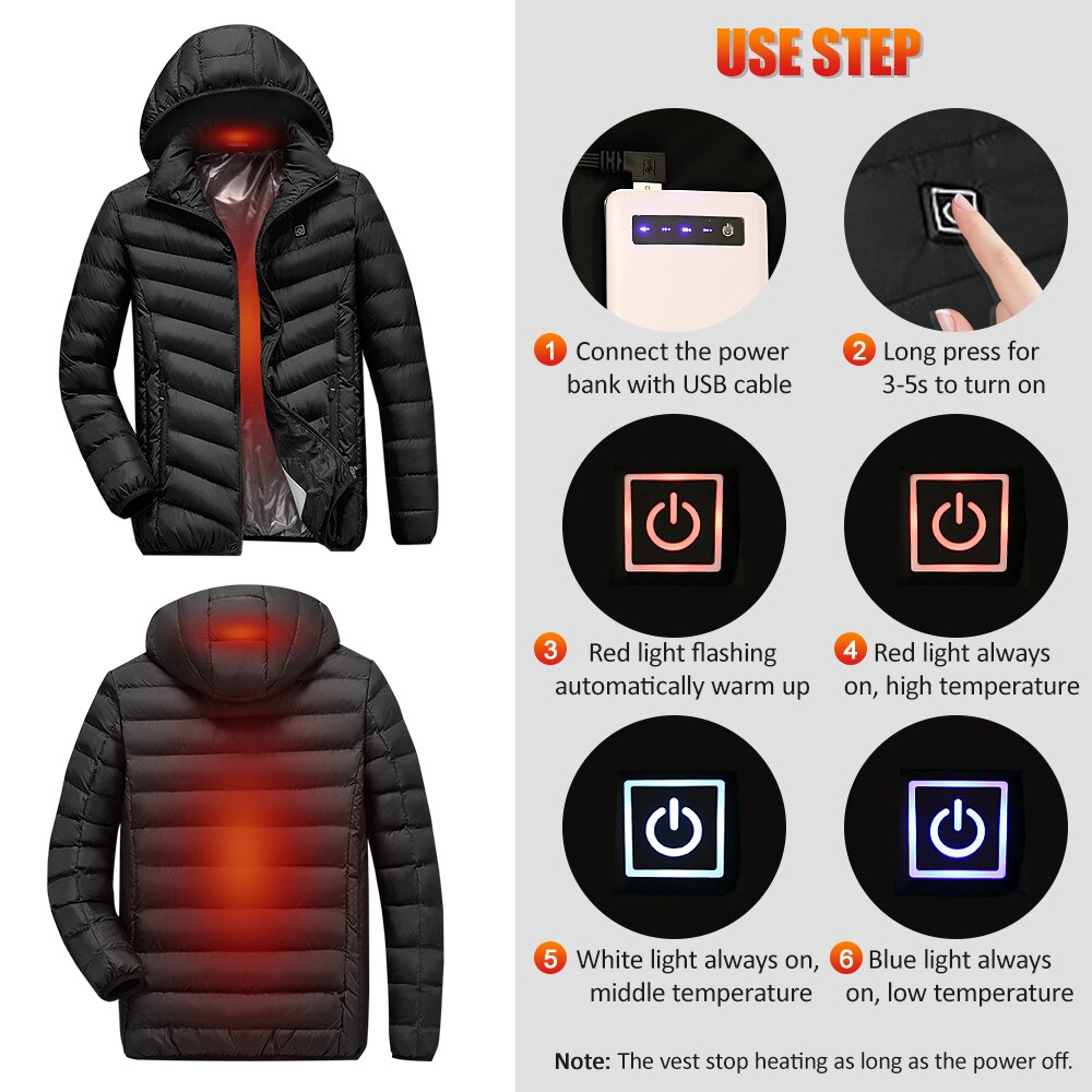 Electric Heating Coat Men Women USB Charging Heated Jacket with Removable Hood for Walking Camping Ice Snowboard coat Plus Size