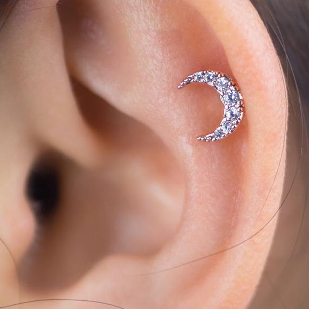 1Pc G23 Titanium & Staal 16G Cz Gem Maan Labret Lip Bar Ring Kristal Bloem Oor Kraakbeen Tragus helix Piercing Schroef Fit Top 16G
