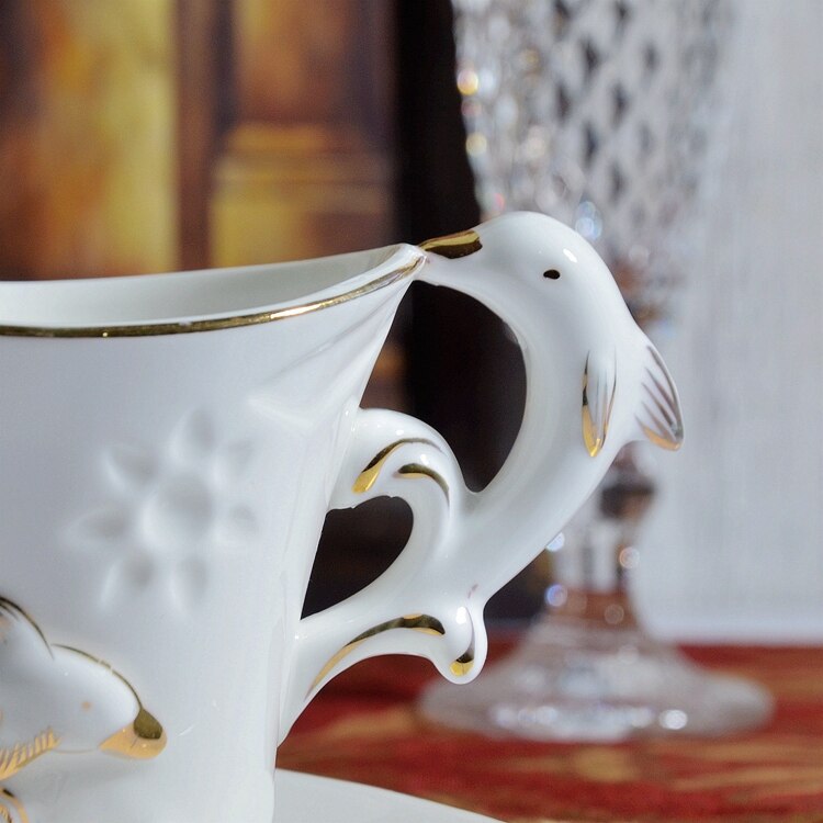 BN01016 European style embossed coffee cup set 200ml 3D dolphin relief coffee cup and saucer Minimal coffee cup ceramic tea set