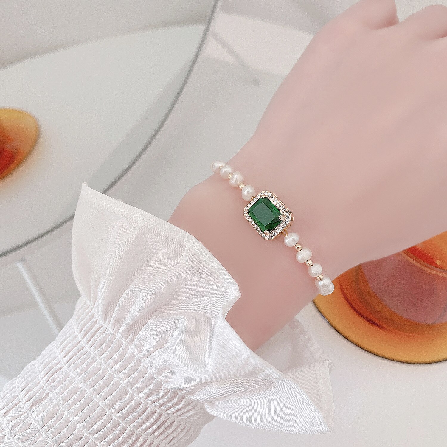 Mode-sieraden Temperament Vierkante Groene Zirkoon Kristal Armband Rekbaar Verstelbare Zoetwater Parel Vrouwen Armband