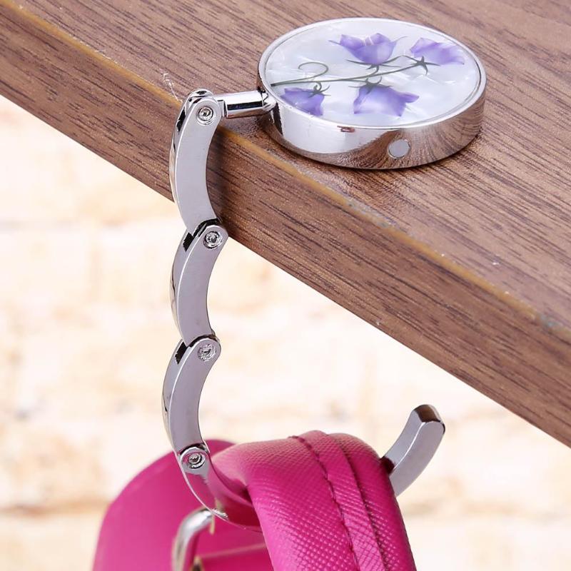 Gancho Metálico Redondo y Plegable para Colgar en la Mesa, 1 Unidad, Soporte con Dibujo de Flores y Aleación de Cristal, Colgador en Suspensión Portátil para un Objeto o para Bolso de Mano