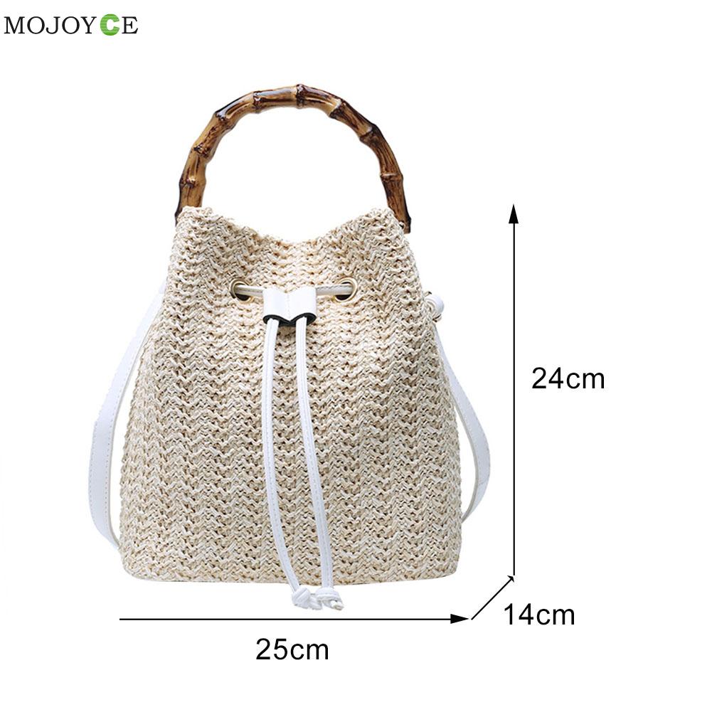 Straw Rope Woven Drawstring Shoulder Pouch Women Handmade Woven Bohemian Summer Beach Vacation Top-handle Bucket Handbag