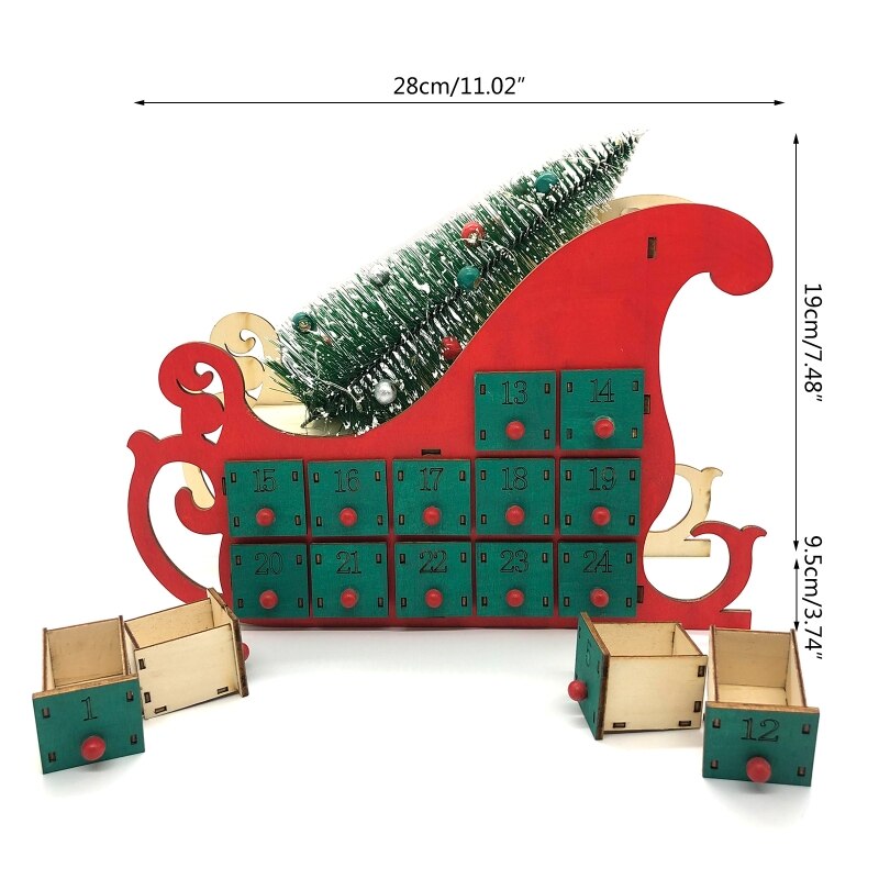 Christmas Sleigh Tree Wooden Advent Calendar Countdown LED Party Decor 24 Drawer