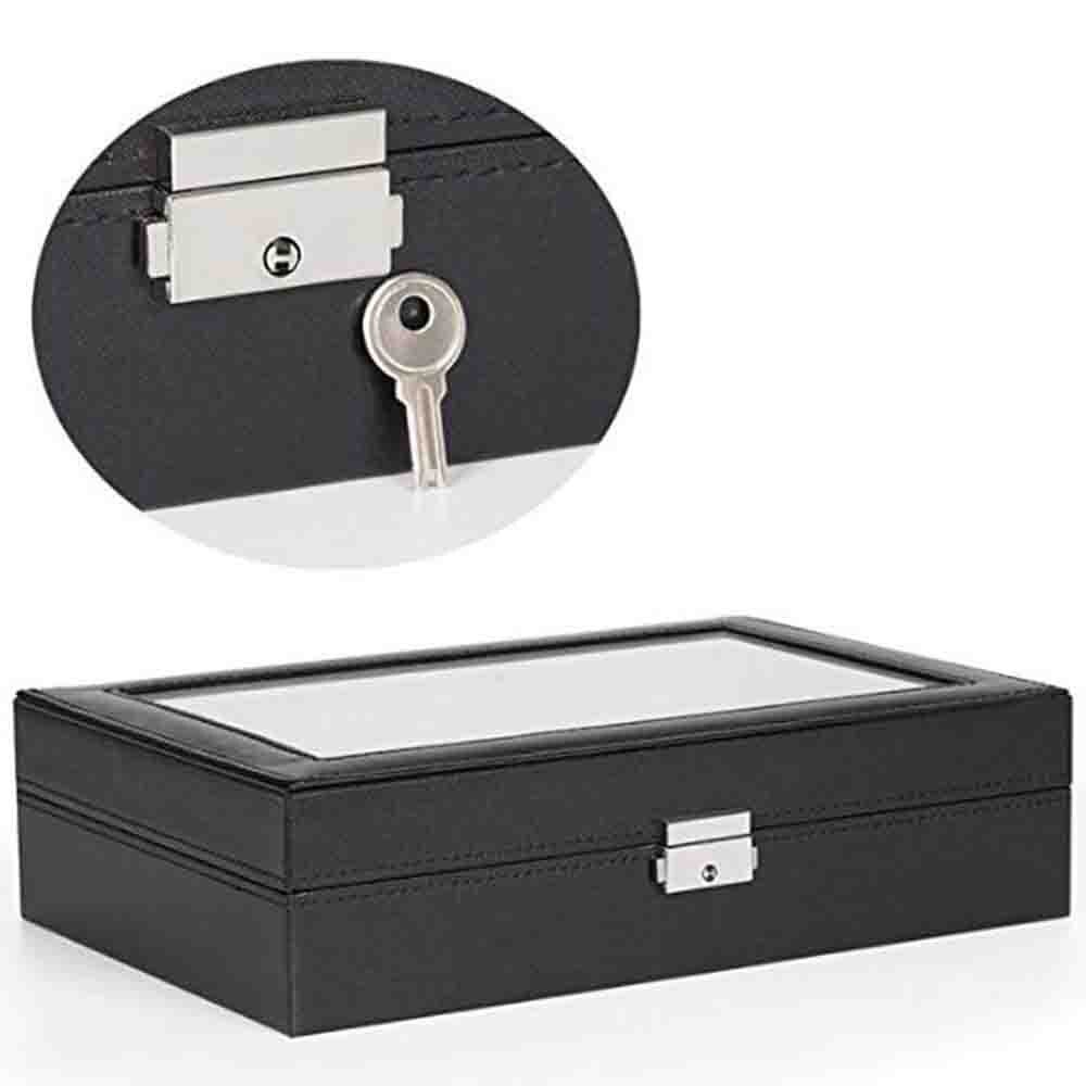 Montre boîte Case hommes en cuir PU affichage support de rangement 8 montres boutons de manchette et 8 fentes anneaux organisateur plateau avec plateau en verre-noir
