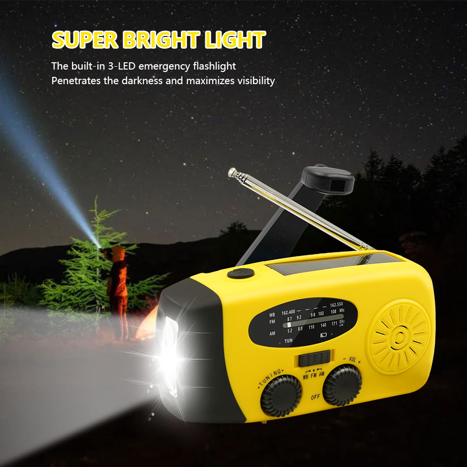 Radio portátil de emergencia, manivela Solar de 2000mAh, cargador de teléfono móvil, Radio AM/FM, linterna LED, luz nocturna para interiores y exteriores
