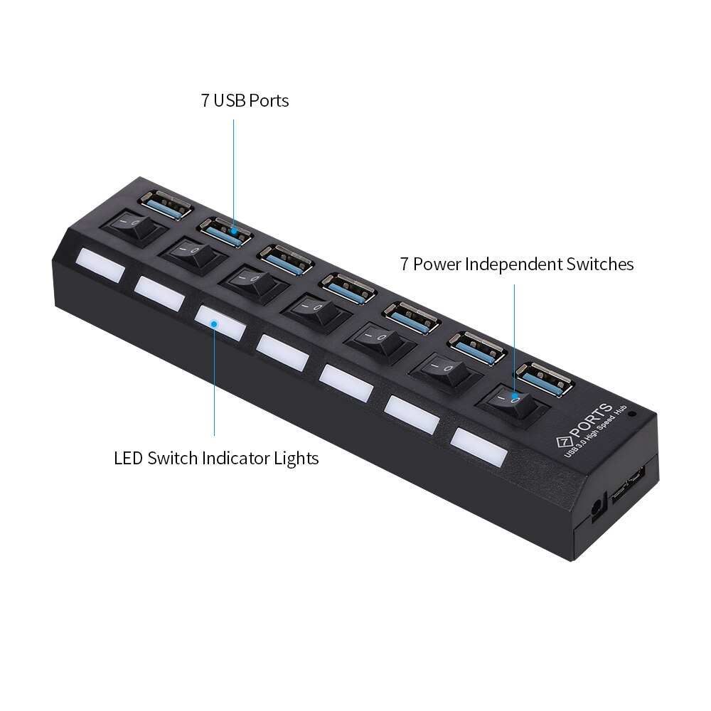 7- -poorts usb 3.0- hub usb-splitter 7- poorts expander met schakelaar voor pc