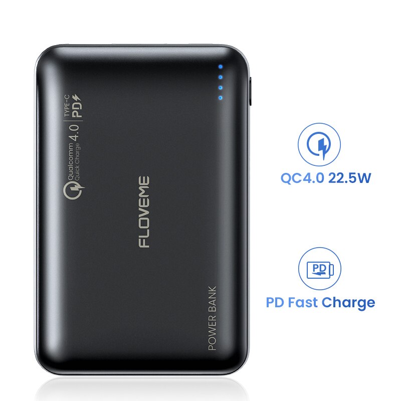 Floveme Mini Power Bank 10000Mah Voor Xiaomi QC4.0 Poverbank 10000 Snel Opladen PD3.0 Voor IPhone12 Draagbare Opladen Powerbank: Black