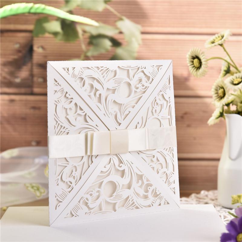 10pcs/lot European Square White Invitation Card For Wedding Delicate Carved Lace Wedding Invitation Cards With Bowknots