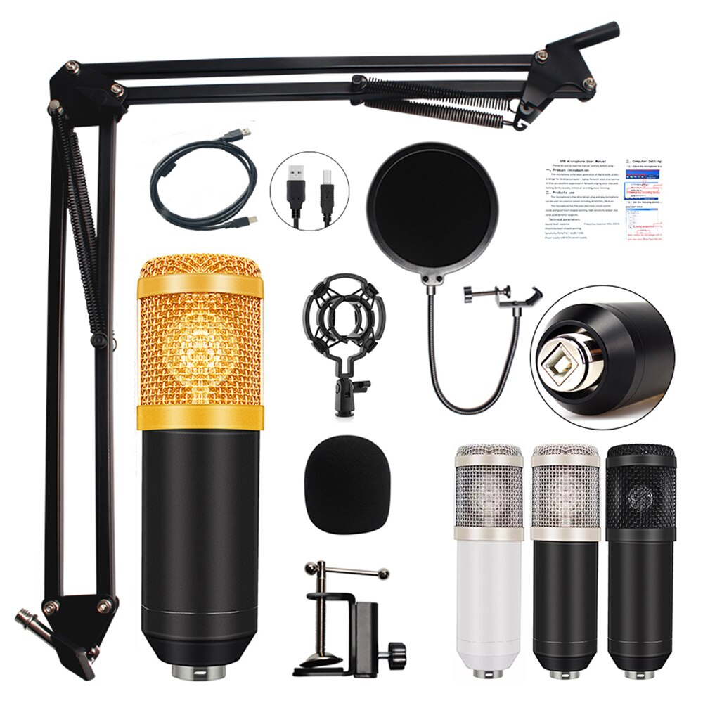 Kit microfono a condensatore USB BM800 per microfono per Computer Karaoke per registrazione in Studio audio BM 800 PC Microfone Gamer: Black Golden