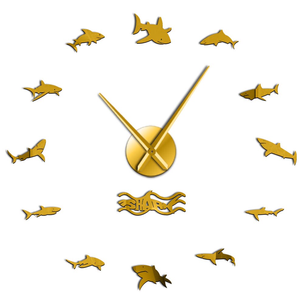 Ocean Sharks Wall Stickers Large Wall Clock Marine life great white shark Kids Bedroom DIY 3D Decoration Wall Clock: Gold / 37inch