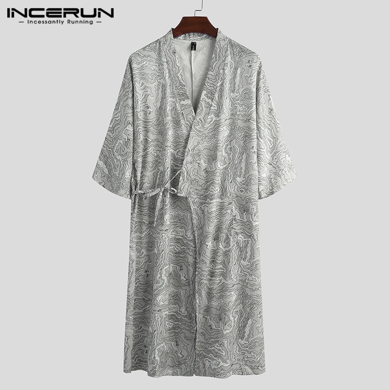 Incerun Mannen Man Zachte Homewear Badjassen Vintage Gedrukt Gewaden Half Mouw V-hals Lace Up Nachthemden Casual Kimono Nachtkleding