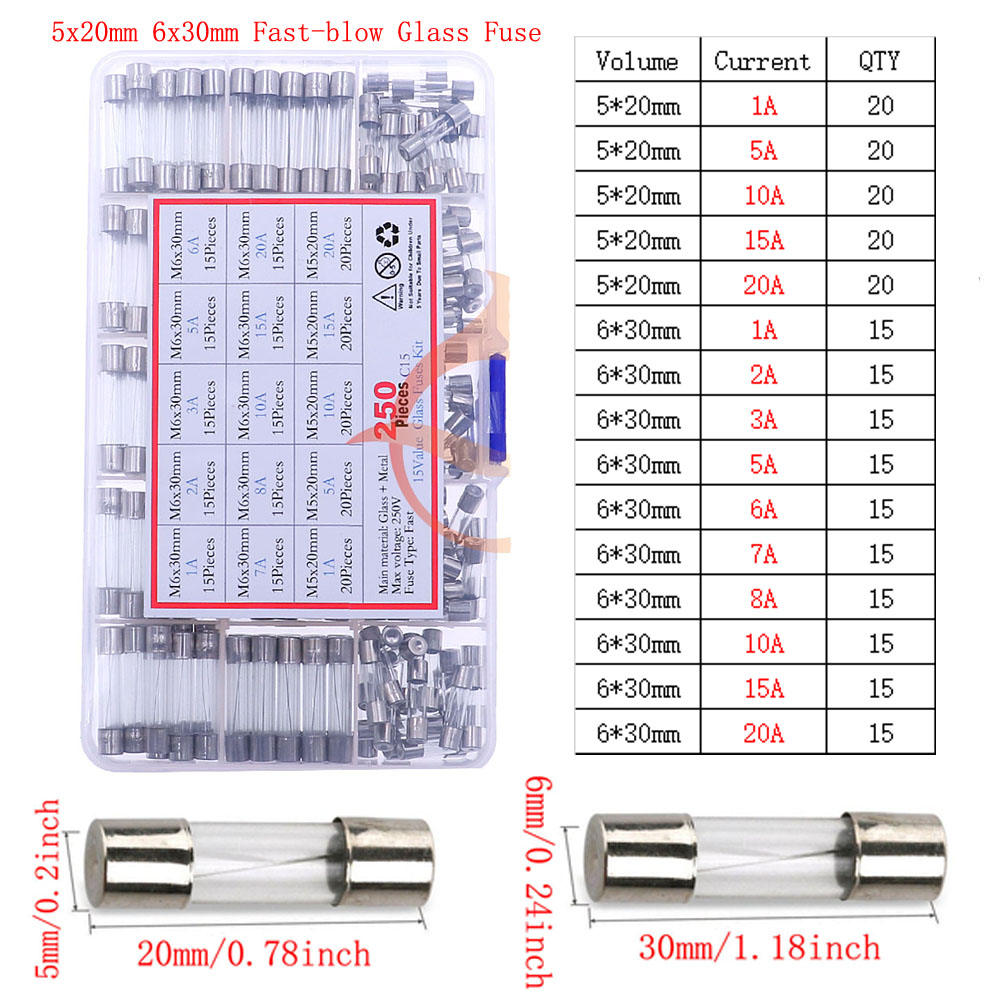 Fusible de vidrio lento y rápido de 12V-250V con kit de mezcla de cables de plomo 0.1A 0.25A 0.5A 1A 2A 2.5A 3A 3.15A 4A 5A 6A 6.3A 8A 10A 15A 16A 20A 30A