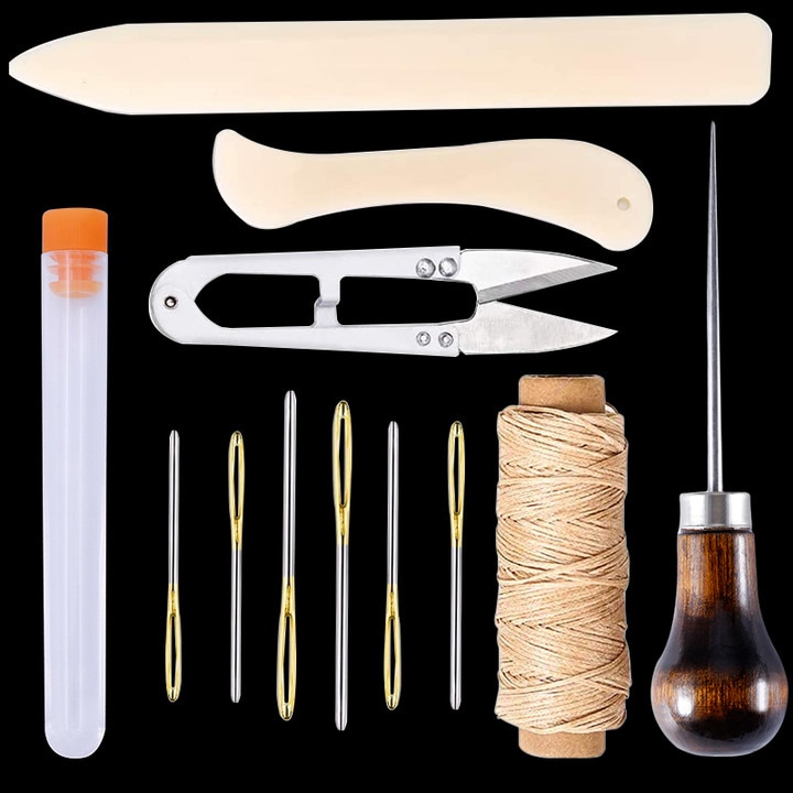 MIUSIE-Kit de herramientas para manualidades de cuero, punzón de costura, herramienta para Carpeta de hueso, hilo encerado, agujas de coser, accesorios de tijera, 12 piezas