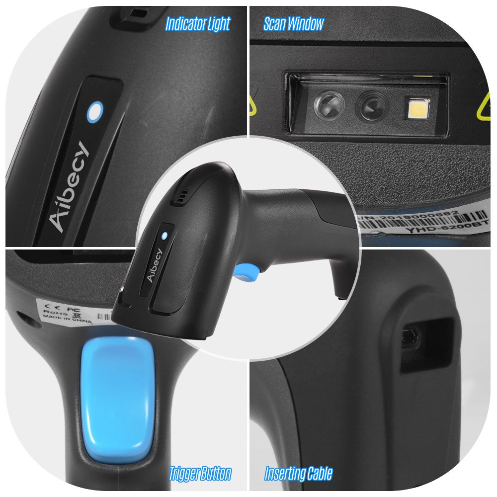 Aibecy Handheld 3-in-1 Barcode Scanner BT&2.4G Wireless & Wired 1D 2D Bar Code Reader with Receiver USB Cable for Mobile Payment