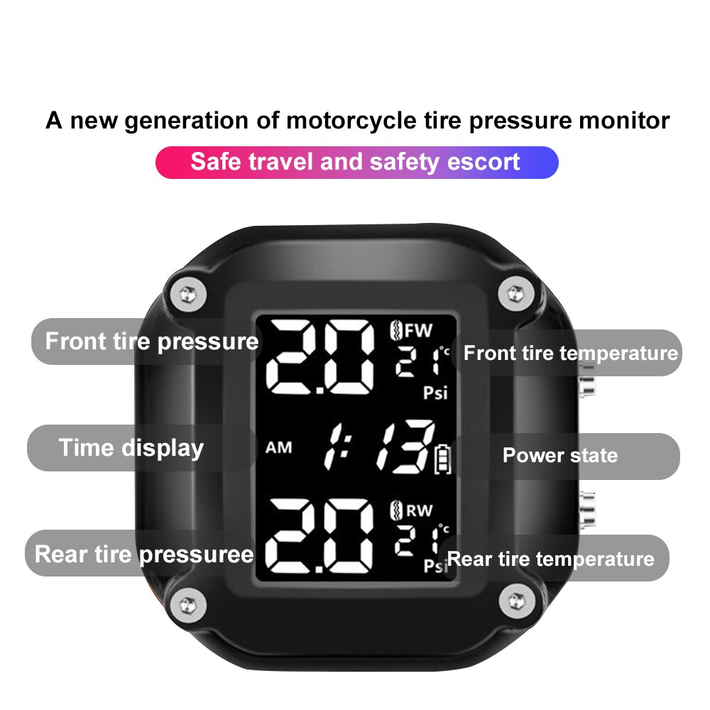 Motorcycle TPMS With 2 External Sensors Wireless LCD Display Tyre Temperature Motor Tire Pressure Monitoring Alarm System