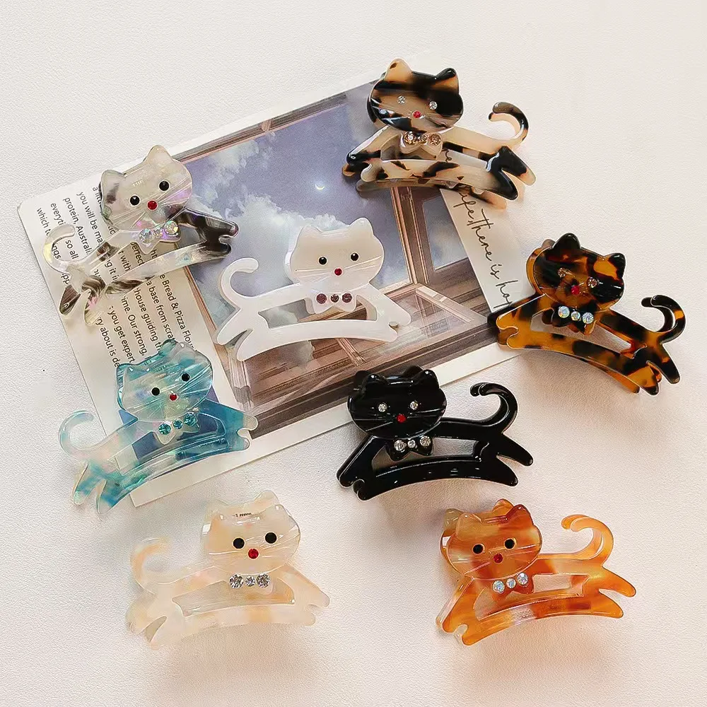 Pinza para el pelo de gato con diamantes de imitación para mujer y niña, pinzas para el pelo de acetato con dibujos de animales, gatito y cangrejo, accesorios para el cabello Kawaii