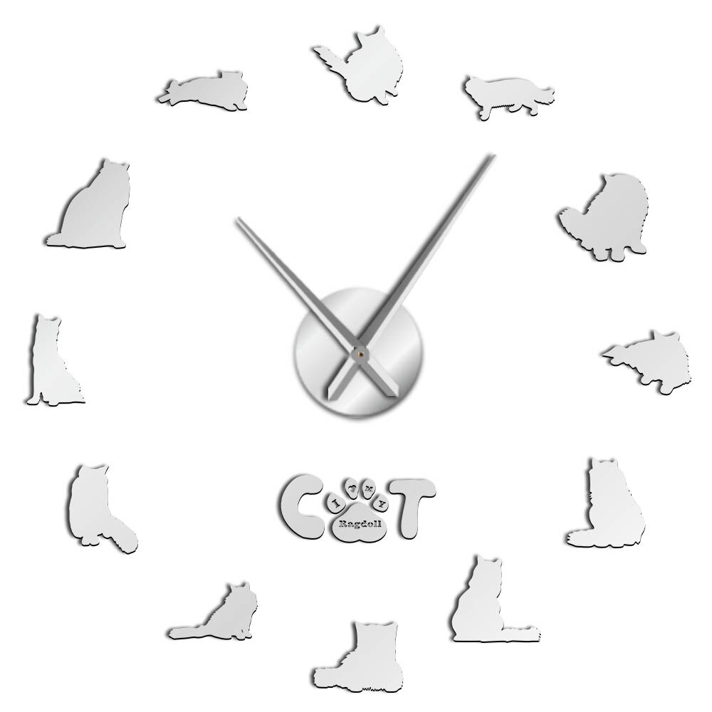 Ragdoll Cat DIY Large Size Mirror Effect Wall Clock Cat Breeds Kitten Cat Paw Stickers DIY Wall Art Frameless Giant Wall Clock: Silver / 47 Inch
