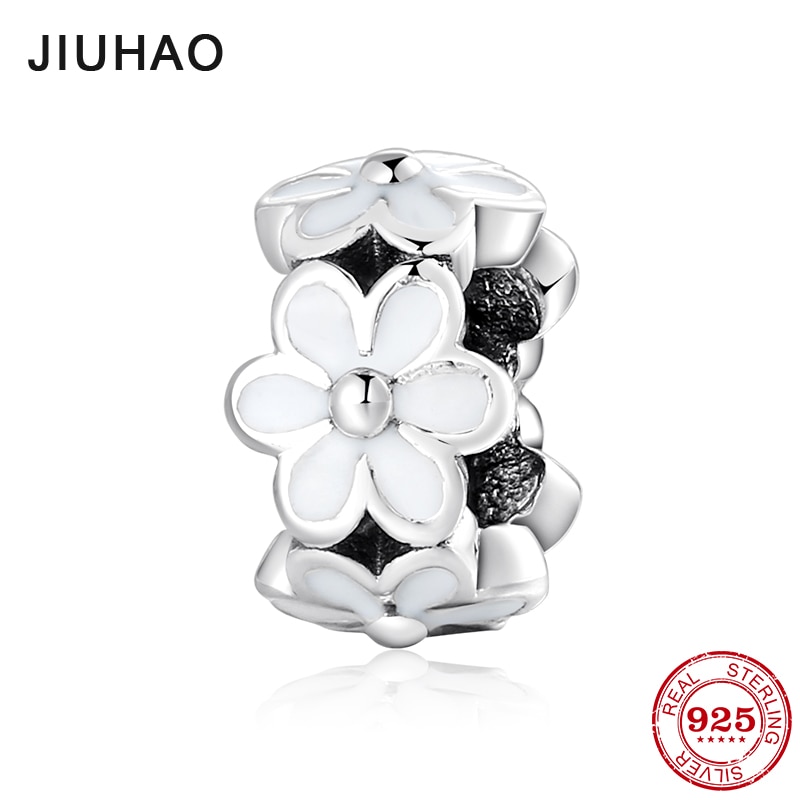 Cuentas de esmalte blanco para mujer, de flor de Primavera de Plata de Ley 925, para fabricación de joyas, compatible con pulsera JIUHAO Original