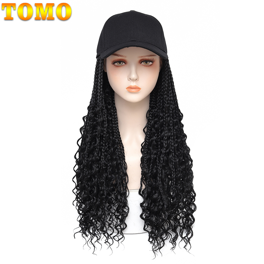 TOMO-gorra de béisbol con extensiones de pelo de ganchillo para mujer, sombrero ajustable con peluca sintética, trenzas de caja rizadas adjuntas