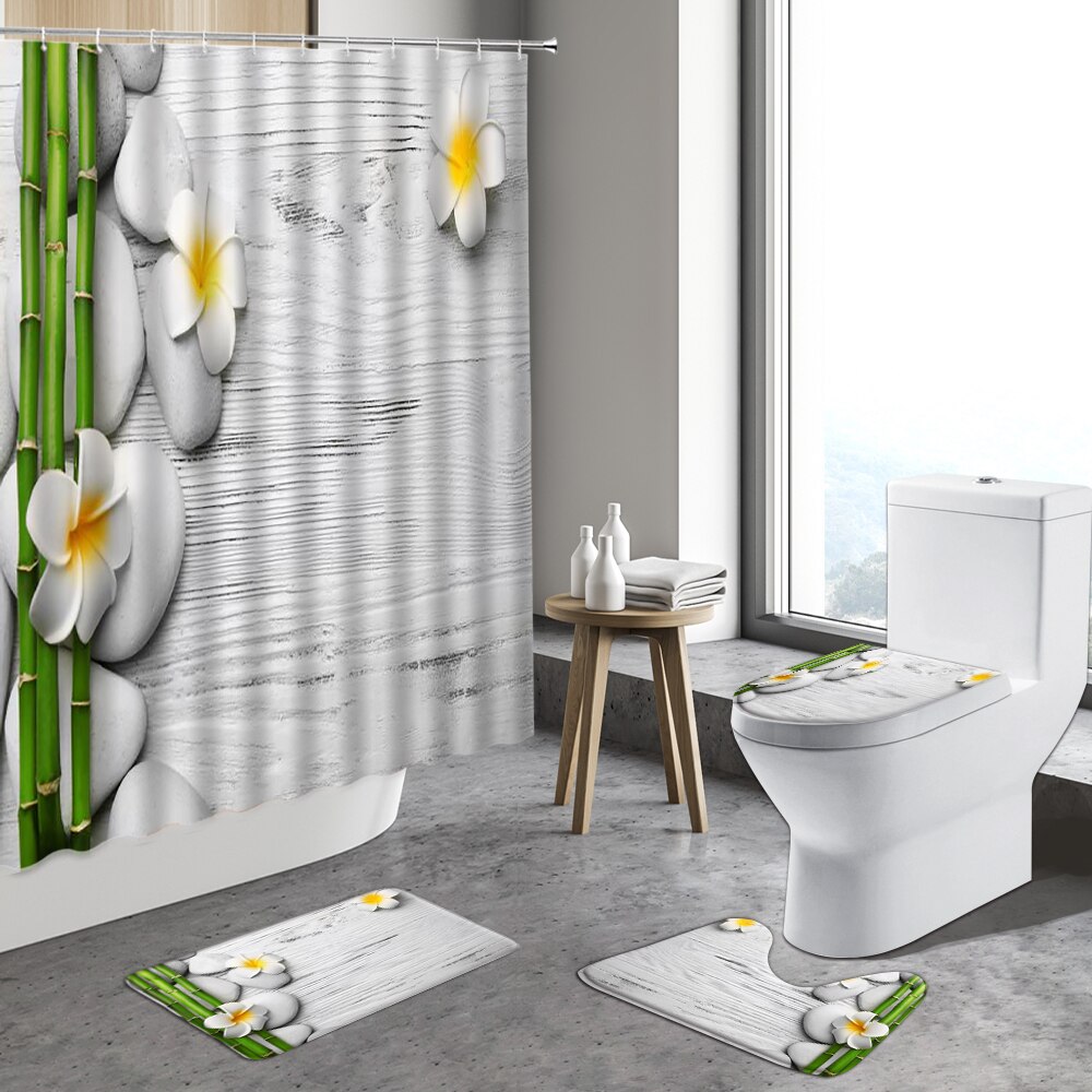 4pcs Zen Stone Shower Curtain Green Bamboo Orchid Flower Plants Anti-Slip Bath Mats Toilet Lid Cover Bathroom Decor Carpet Rugs: 7514J -4pcs set