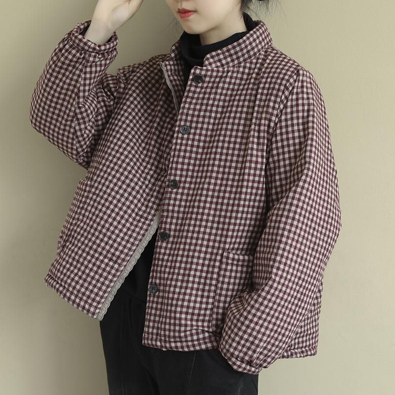 Johnature-Parkas Vintage a cuadros para mujer, Parkas con botones de mezcla de algodón, bolsillos de soporte, abrigos cálidos de cintura ancha para mujer