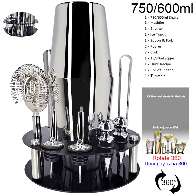 Stainless Steel Cocktail Shaker Muddler Strainer Tong Spoon Pourer Jigger Cork 550/750ml With Wine Rack Cocktail Recipe: 12Pc 750600ml R Rack