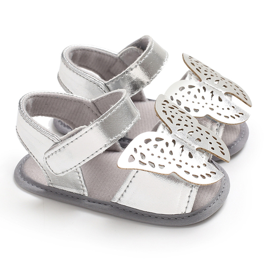 Summer Newborn Toddler Infant Baby Boys Girls Soft Sole Crib Shoes Cute Butterfly Summer Sandals Shoes: Silver / 13-18 Months