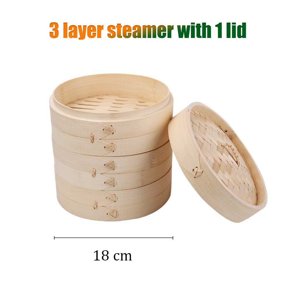 Bambus Dampf Dampfer Herd Korb Knödel Dim Sum Frühstück Gedämpfte Brötchen Knödel Eier Fisch Home Business Verwenden Hand Poliert: 18cm 3steamer 1lid