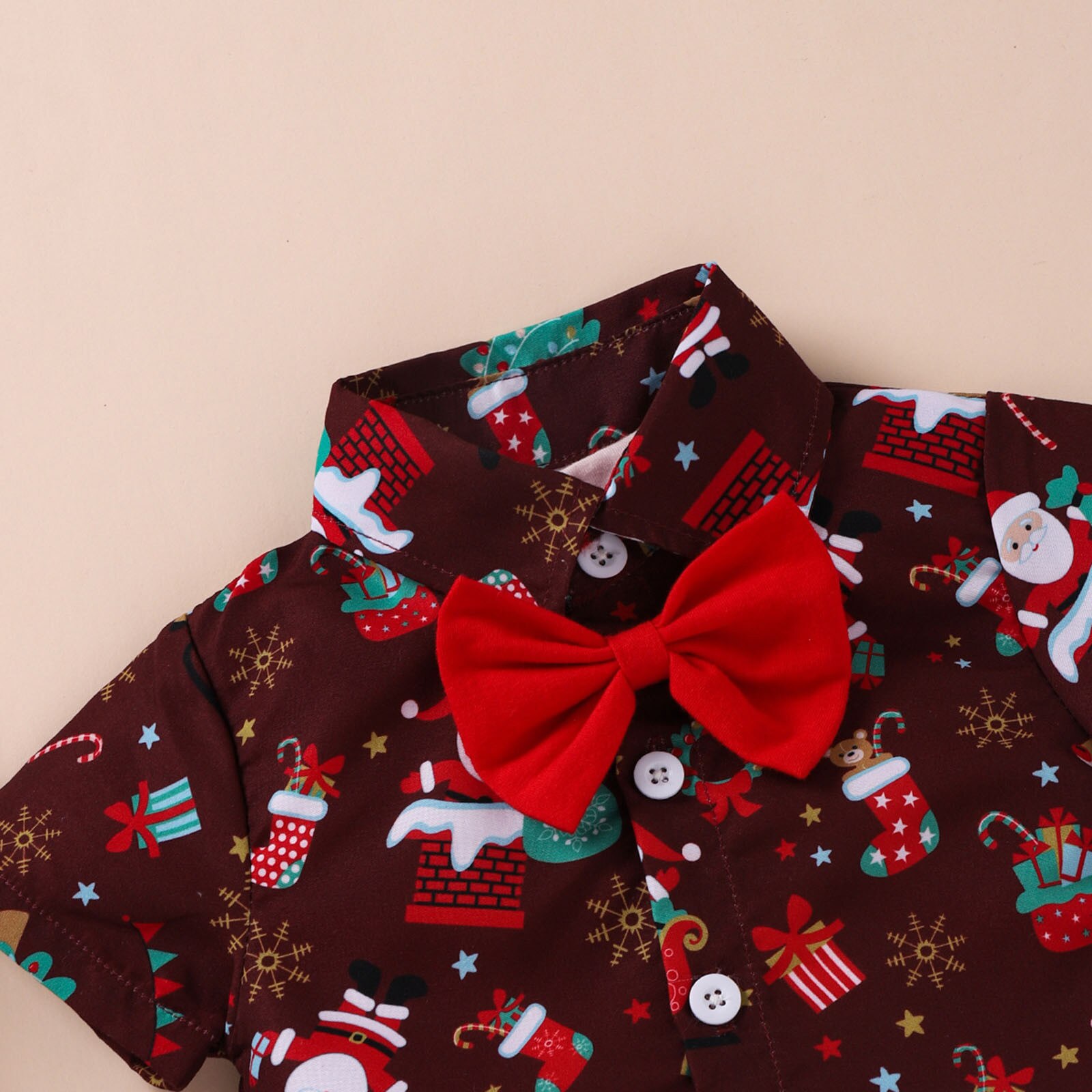 Christmas Baby Boys Bodysuits Santa Print Short Sleeve Bow Tie Gentleman Party Jumpsuits 0-24M