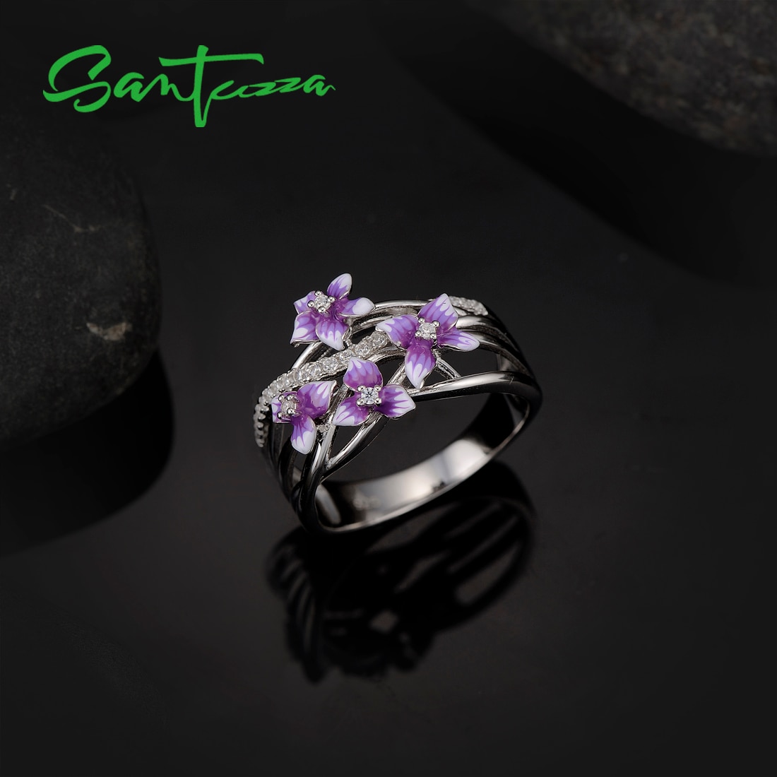 SANTUZZA Silber Schmuck einstellen für Frauen 925 Sterling Silber Lila Blume Ohrringe Ring einstellen modisch Feine Schmuck Handgemachte Emaille