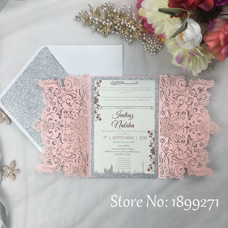 1full set flower light pink pearl wedding invitation card with gliter paper Recycled Arabic Wedding Greet thank you Card