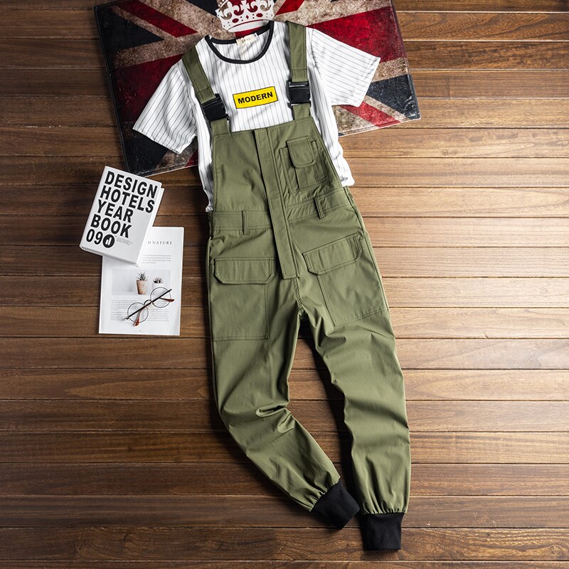 Safari stil! multi-pocket bib overalls mænd hip hop streetwear cargo arbejdsbukser overalls mænds afslappede løse buks hagesmæk bukser: Xxl / Militærgrøn