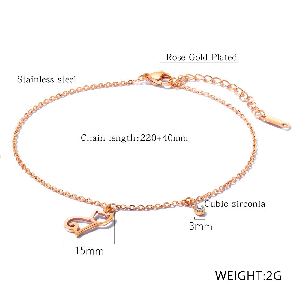 Lokaer Fußkettchen Armbinde Fuß Schmuck Für Frauen Edelstahl Rose Gold Farbe Zirkonia Katze Kette Länge 260mm A19031