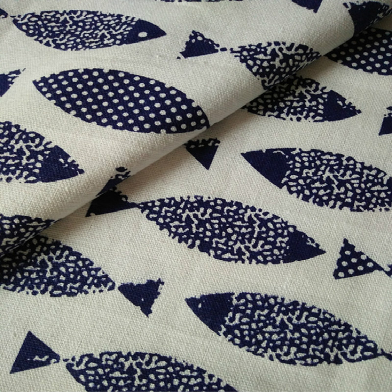 Blue white porcelain fish printed linen linen fabric pillow tablecloth canvas fabric handmade DIY crafts cotton and linen fabric