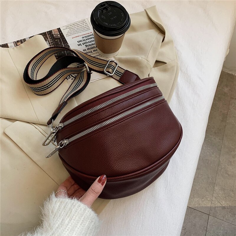 Burminsa Brede Band Zadel Taille Fanny Pack Voor Vrouwen Dubbele Rits Dames Riem Borst Tassen Pu Lederen Sling Crossbody Tassen: Burgundy