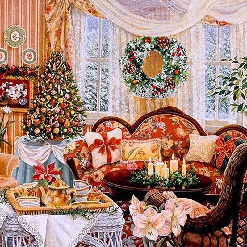 1 stuks 30cm kerstkransen van sparrenhout met zilveren borstelharen, dennenappels, rode bessen en sneeuwvlokken