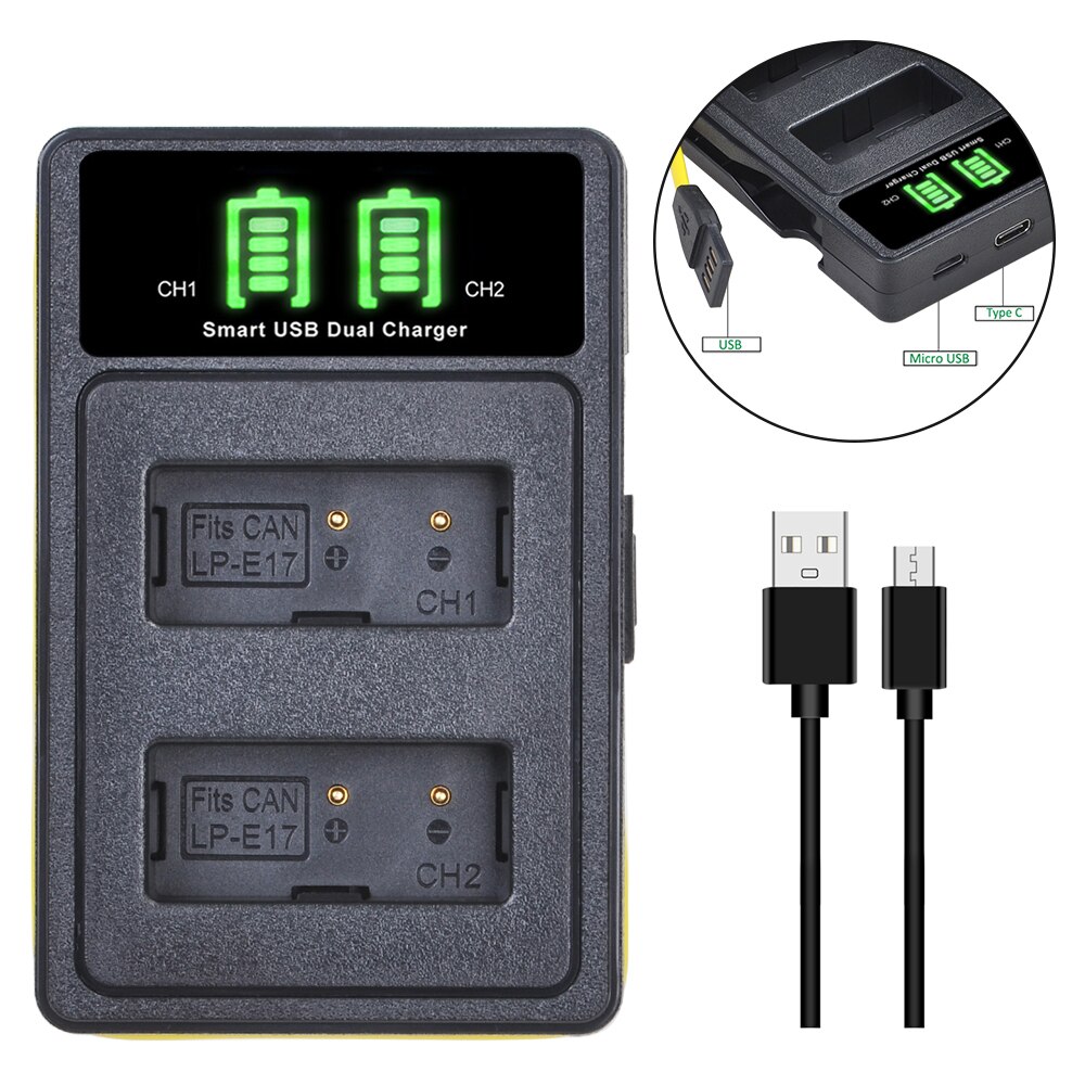 Kit de 2 batteries LP-E17 LP E17 LPE17 et chargeur avec Port de Type C pour Canon EOS 200D M3 M5 M6 750D 760D T6i T6s 800D 8000D Kiss X8i