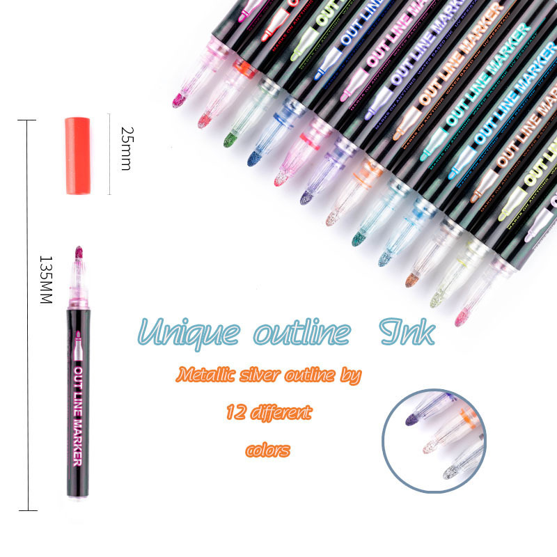 8/12 Colors/Set Double Line Outline Art Pen Fluorescent Glitter Art Marker Pens for Card Making, Birthday Greeting,Painting