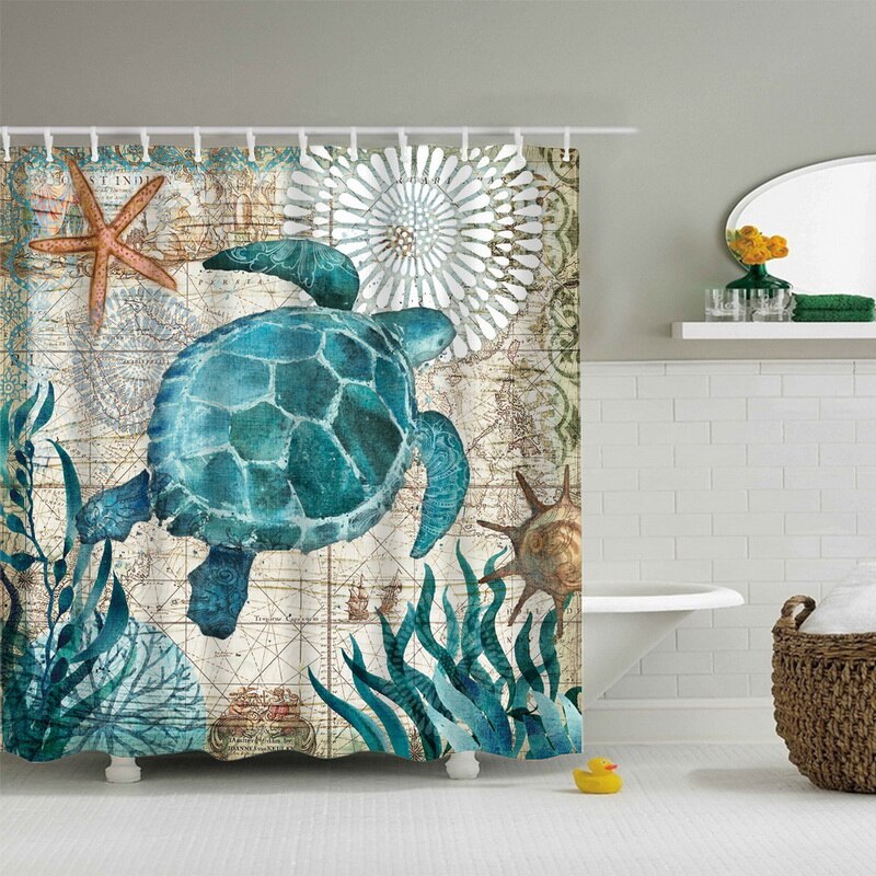 Zeeschildpad Print Waterdicht Douchegordijn Polyester Bad Gordijn Octopus Thuis Badkamer Gordijnen met 12 Haken: 1