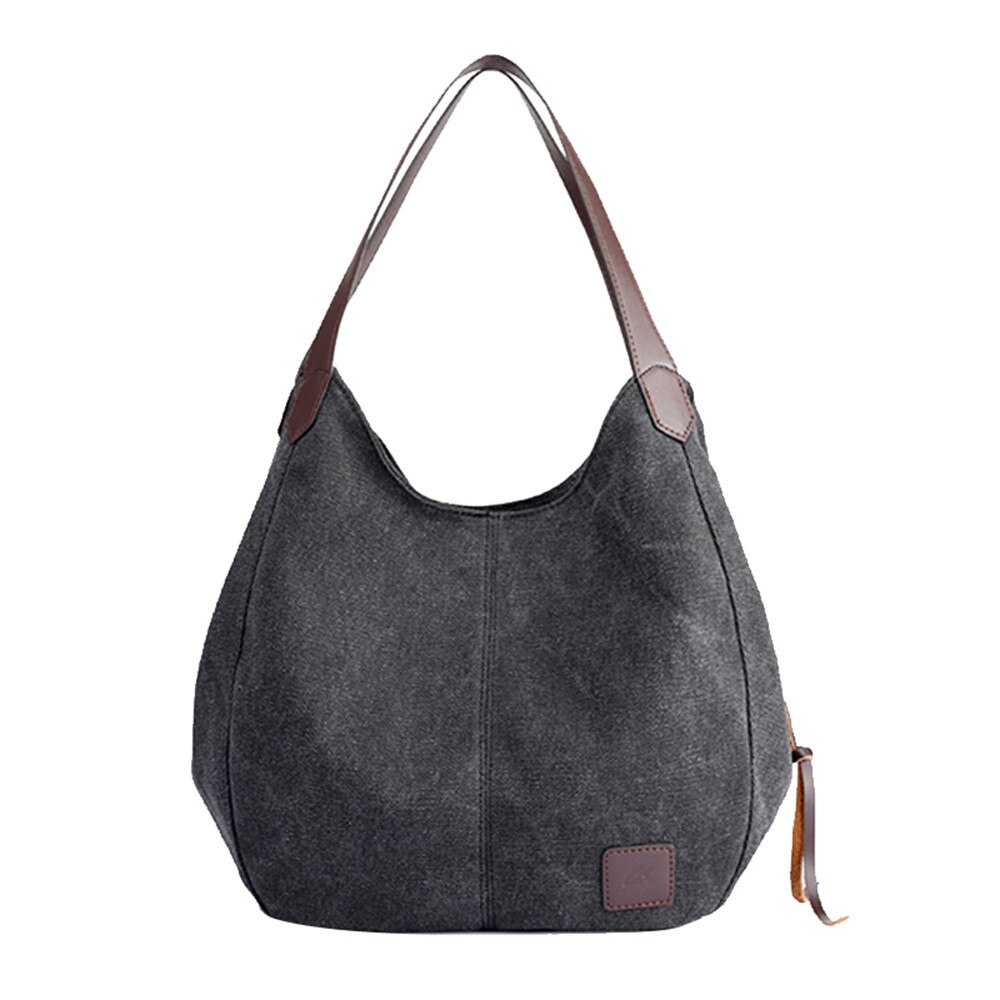 Brand Women's Canvas Handbags Female Hobos Single Shoulder Bags Vintage Solid Multi-pocket Ladies Totes #YL5: Black