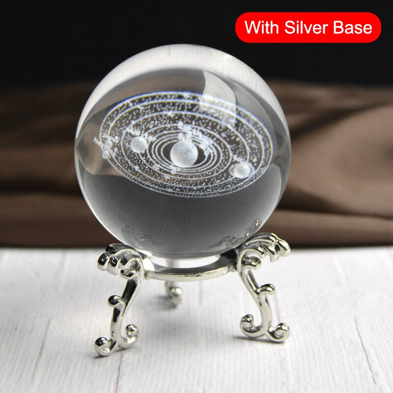 3D Solar System Miniature Crystal Ball Engraved Planets Model Home Decor BJStore: silver base