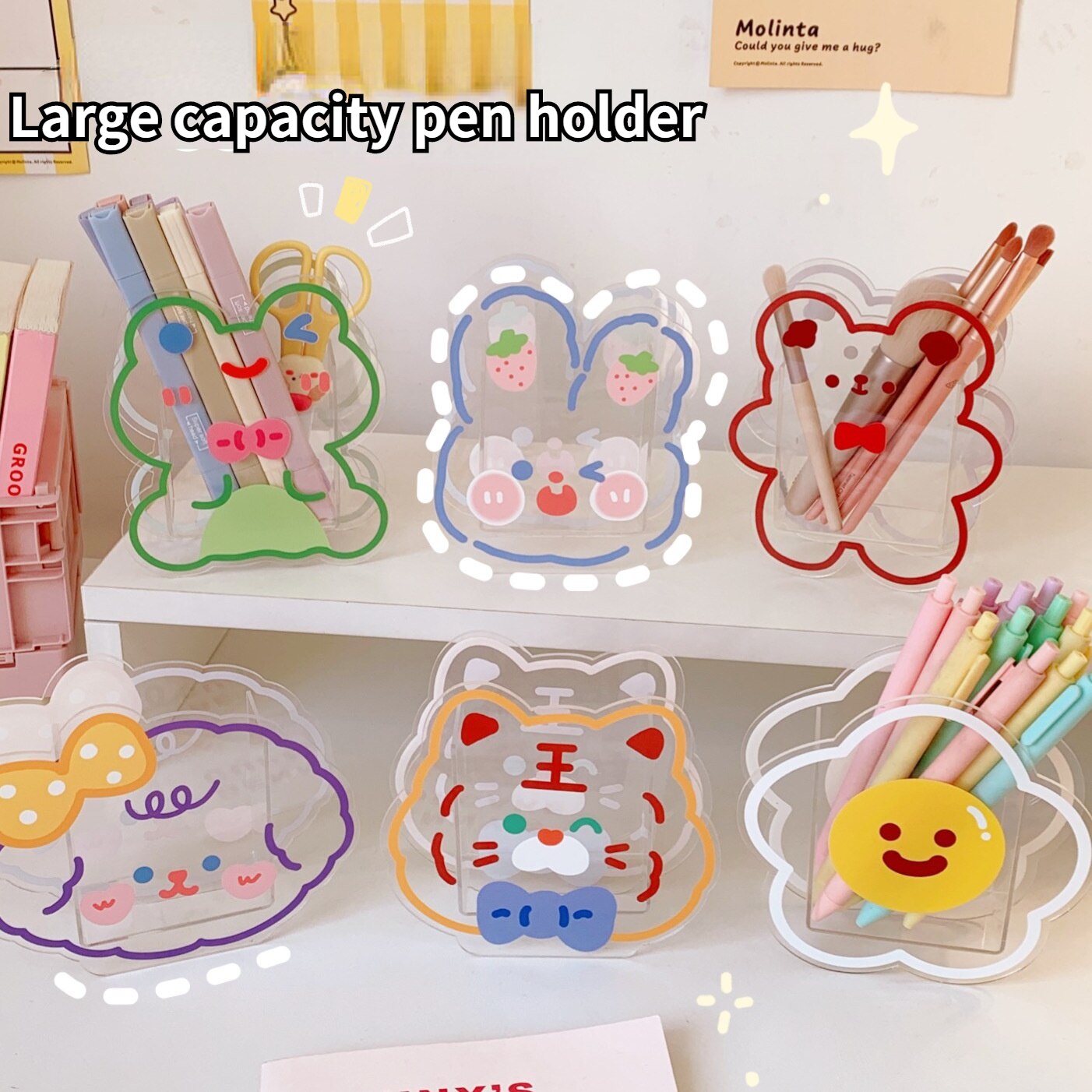 Organizador Kawaii para bolígrafos, caja de almacenamiento bonita, creativa, de acrílico, para decoración de escritorio, transparente, para estudiantes