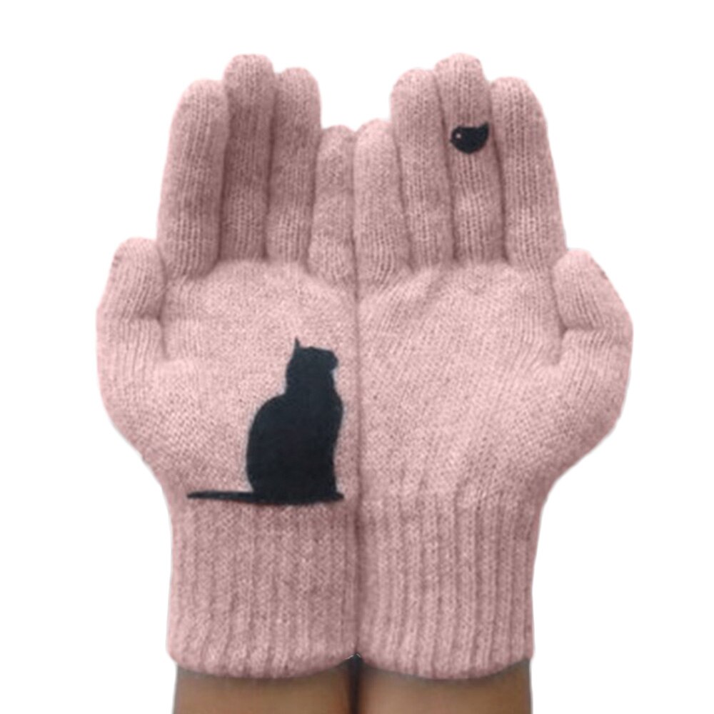 Vinter kvinder handsker kawaii kat fugl print patchwork uldne holde varmen handsker afslappet udendørs sport: Lyserød